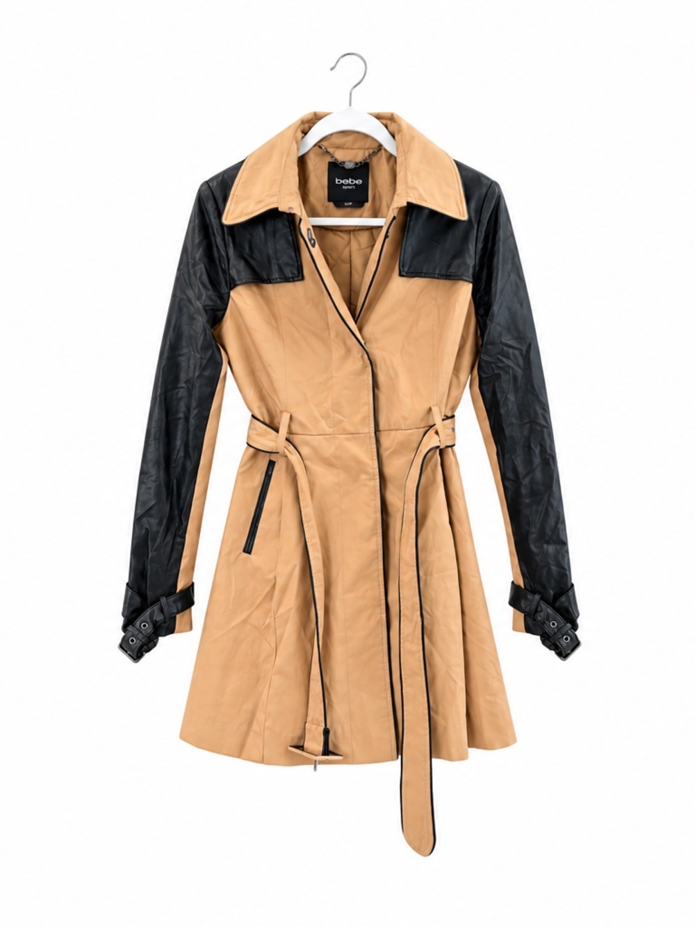 bebe Women's Tan & Black Faux Leather Colorblock Trench Coat – Size Small